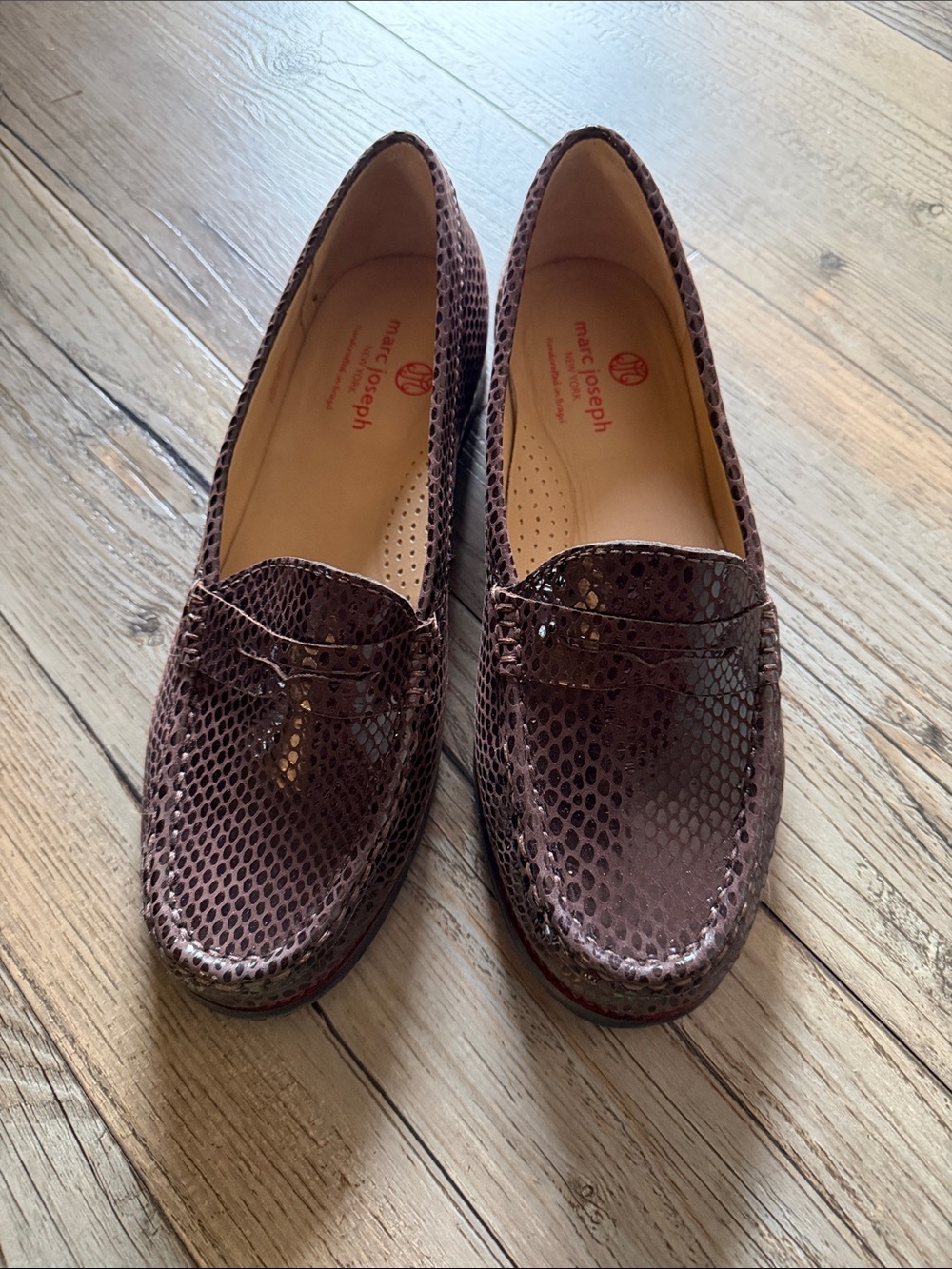 Marc Joseph Brown Snake-Embossed Penny Loafers